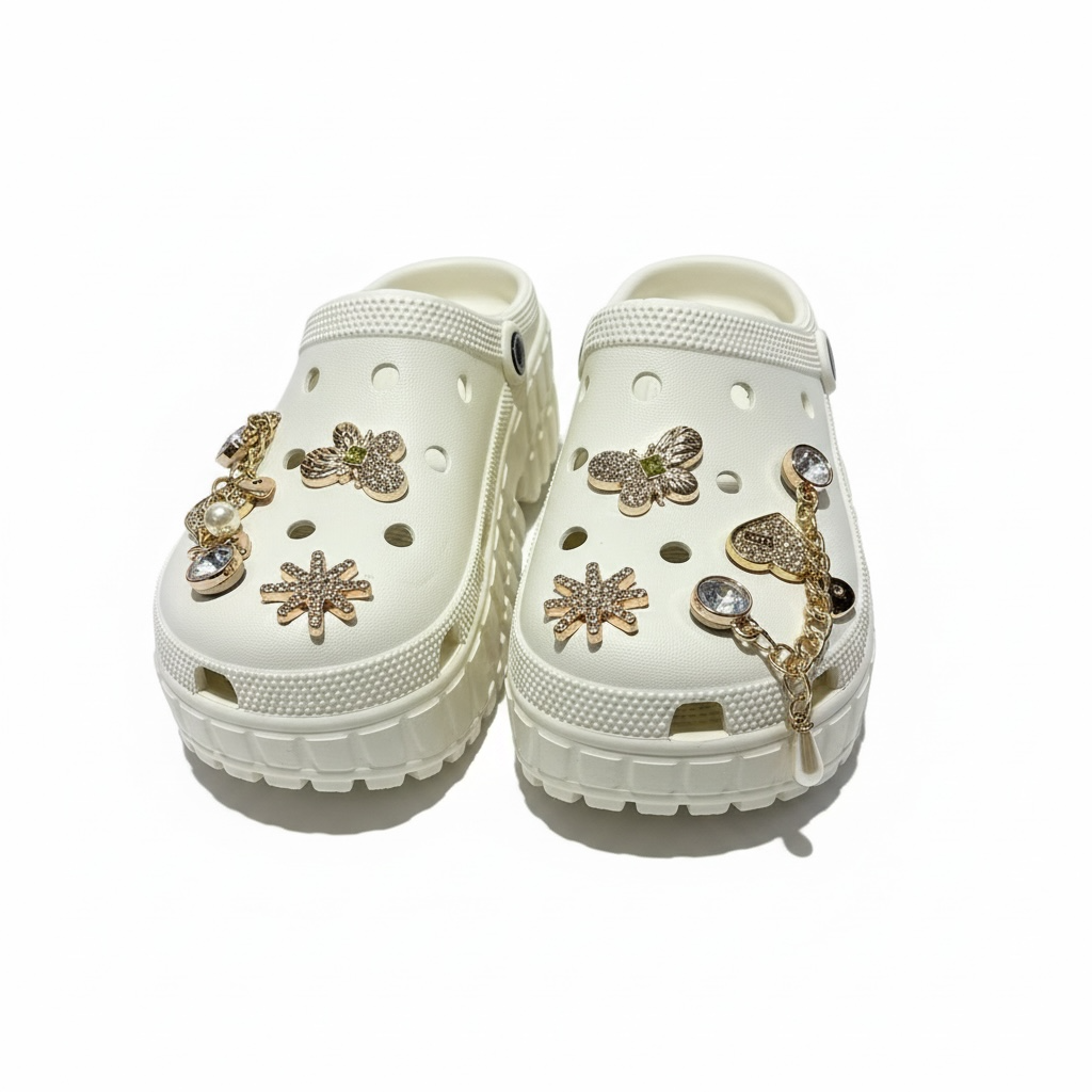 Beige Blinged Platform Croc