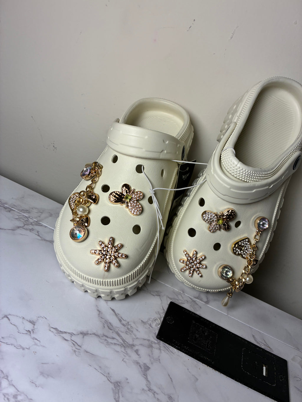 Beige Blinged Platform Croc