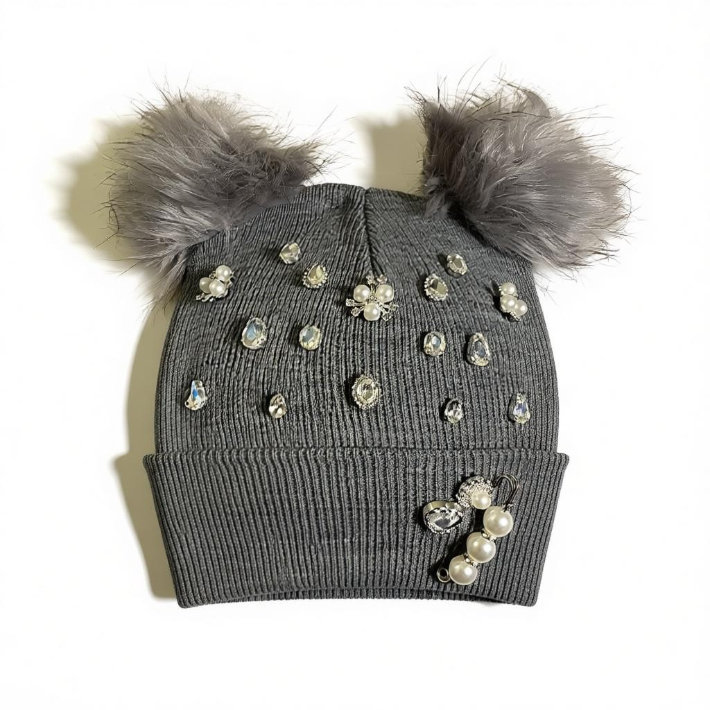 Grey Glamour Pearl Winter Hat