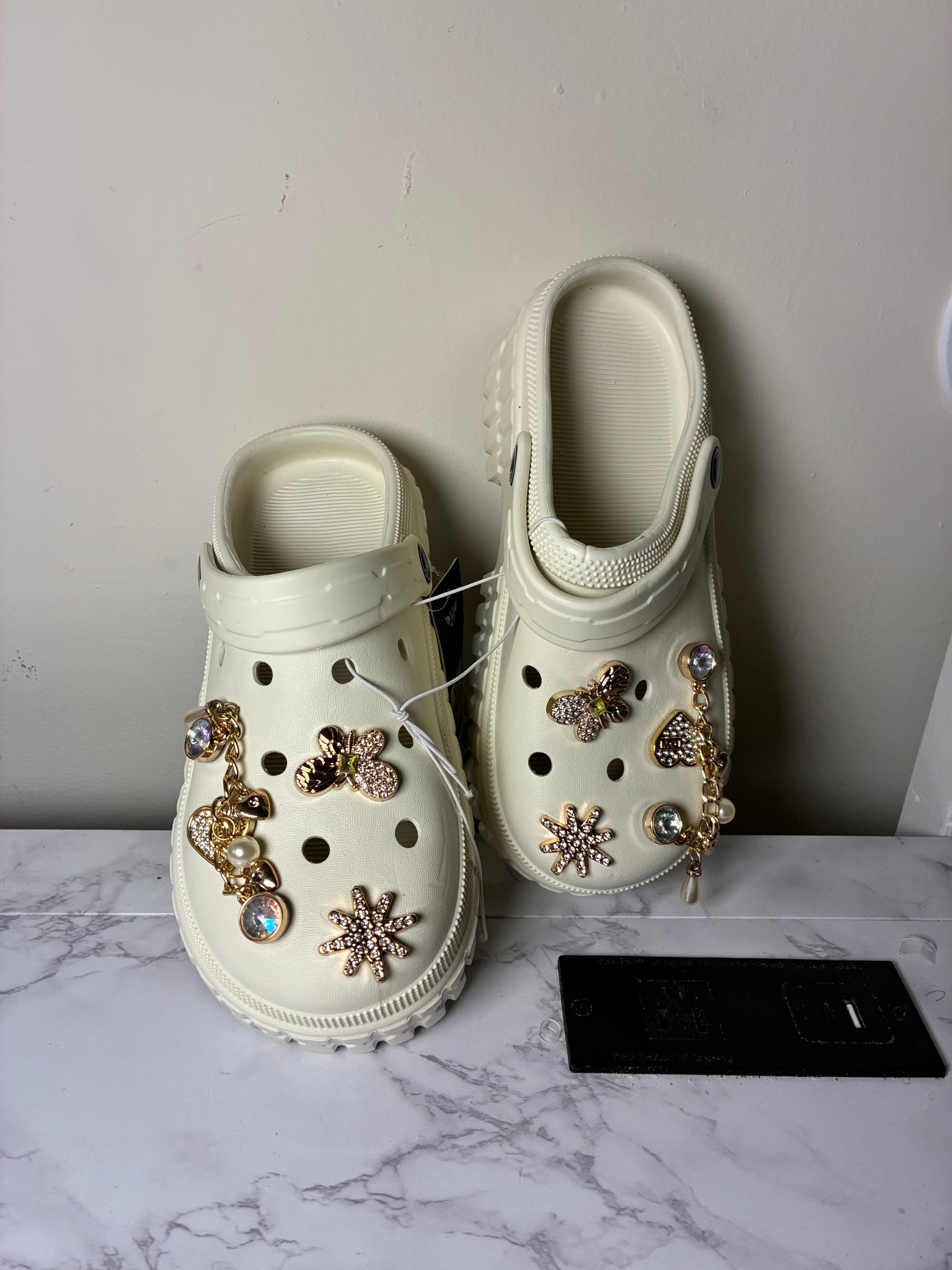 Beige Blinged Platform Croc