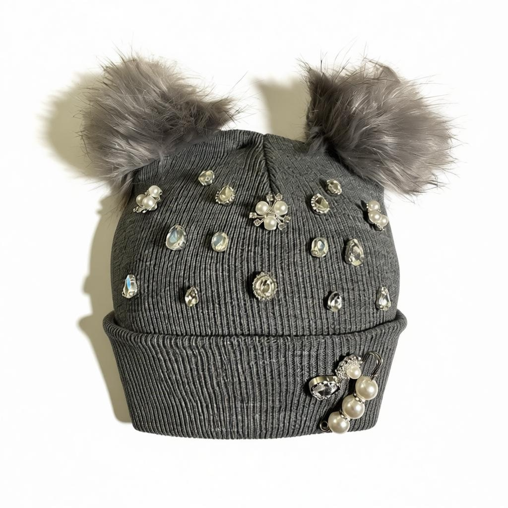 Grey Glamour Pearl Winter Hat